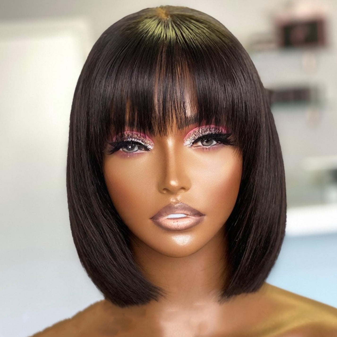 Glueless Straight Fringe Bob Wig – 100% Human Hair Scalp-Top Bob with Bangs | Holiday Glow Collection