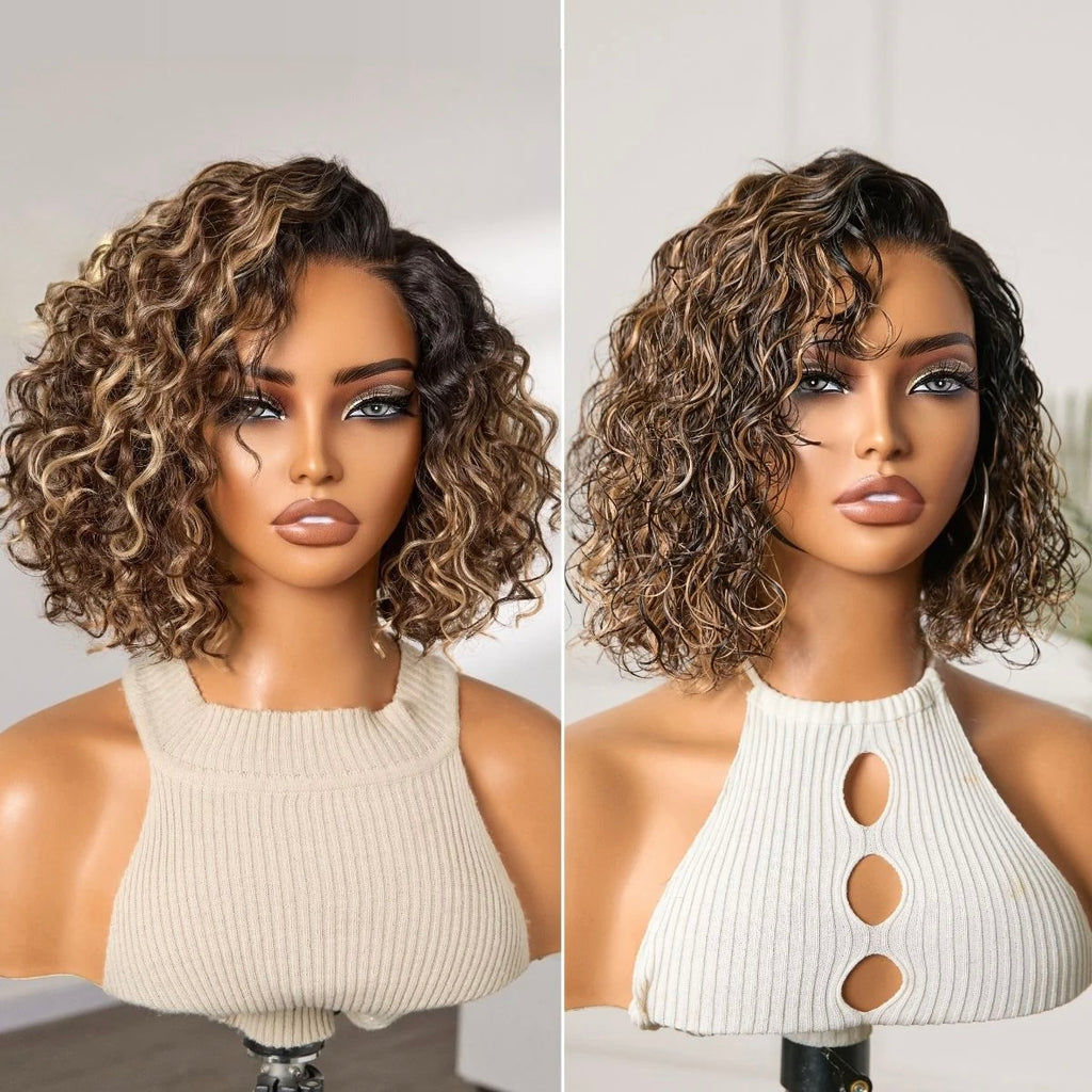 Honey blonde highlight water wave bob wig short curly glueless human hair