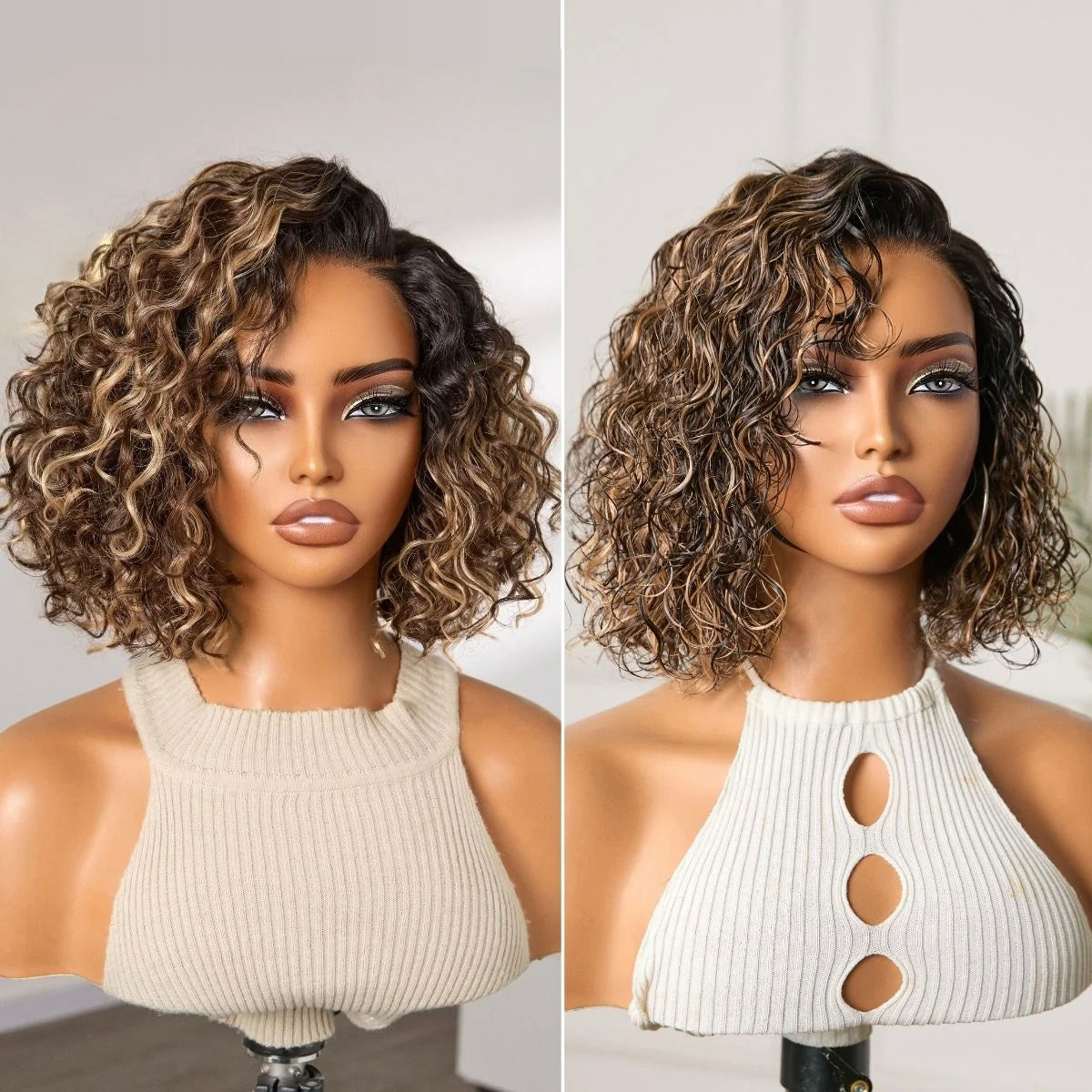 Honey blonde highlight water wave bob wig short curly glueless human hair