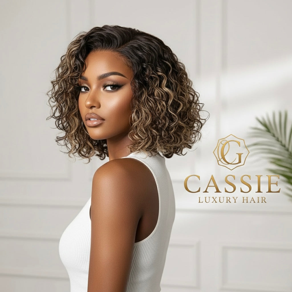 Honey blonde highlight water wave bob wig short curly glueless human hair