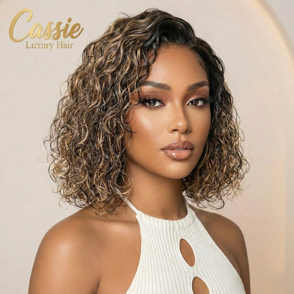 Honey blonde highlight water wave bob wig short curly glueless human hair