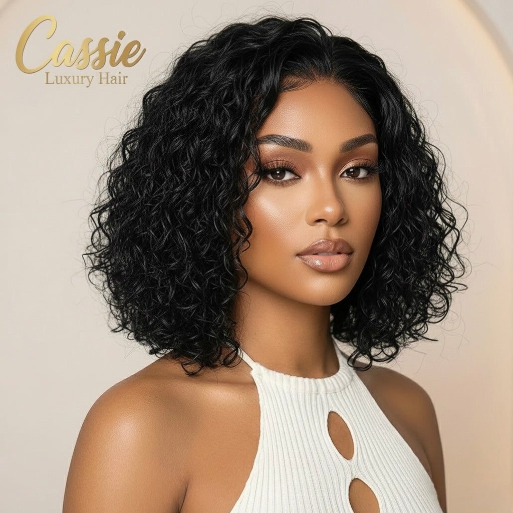 Short curly bob wig water wave natural black glueless wig for black women