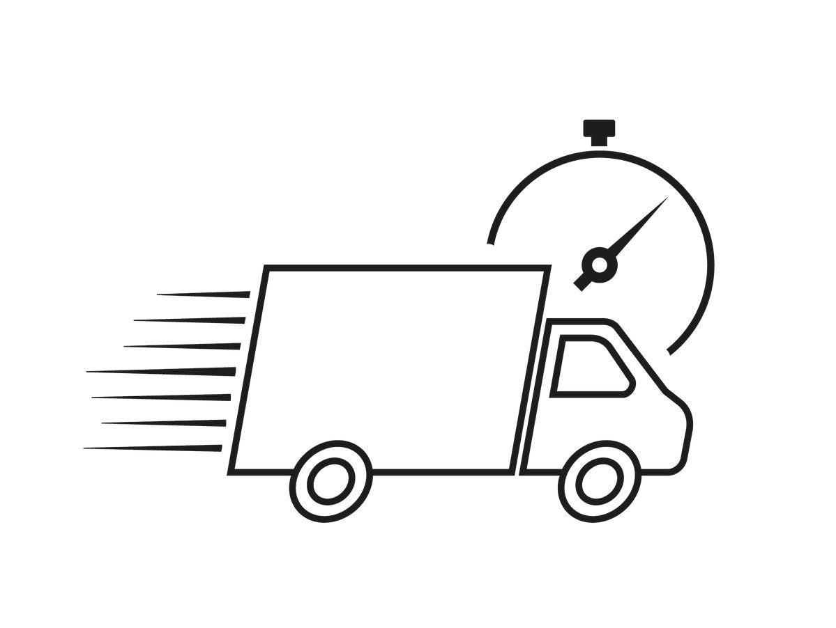 Icon of a delivery truck with a timer, symbolizing fast delivery.