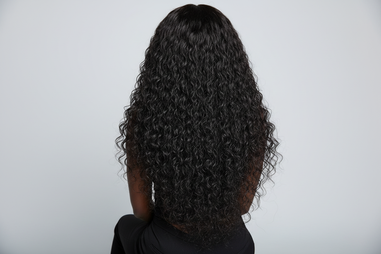 a black model sitting down facing back display her long curly wavy wig