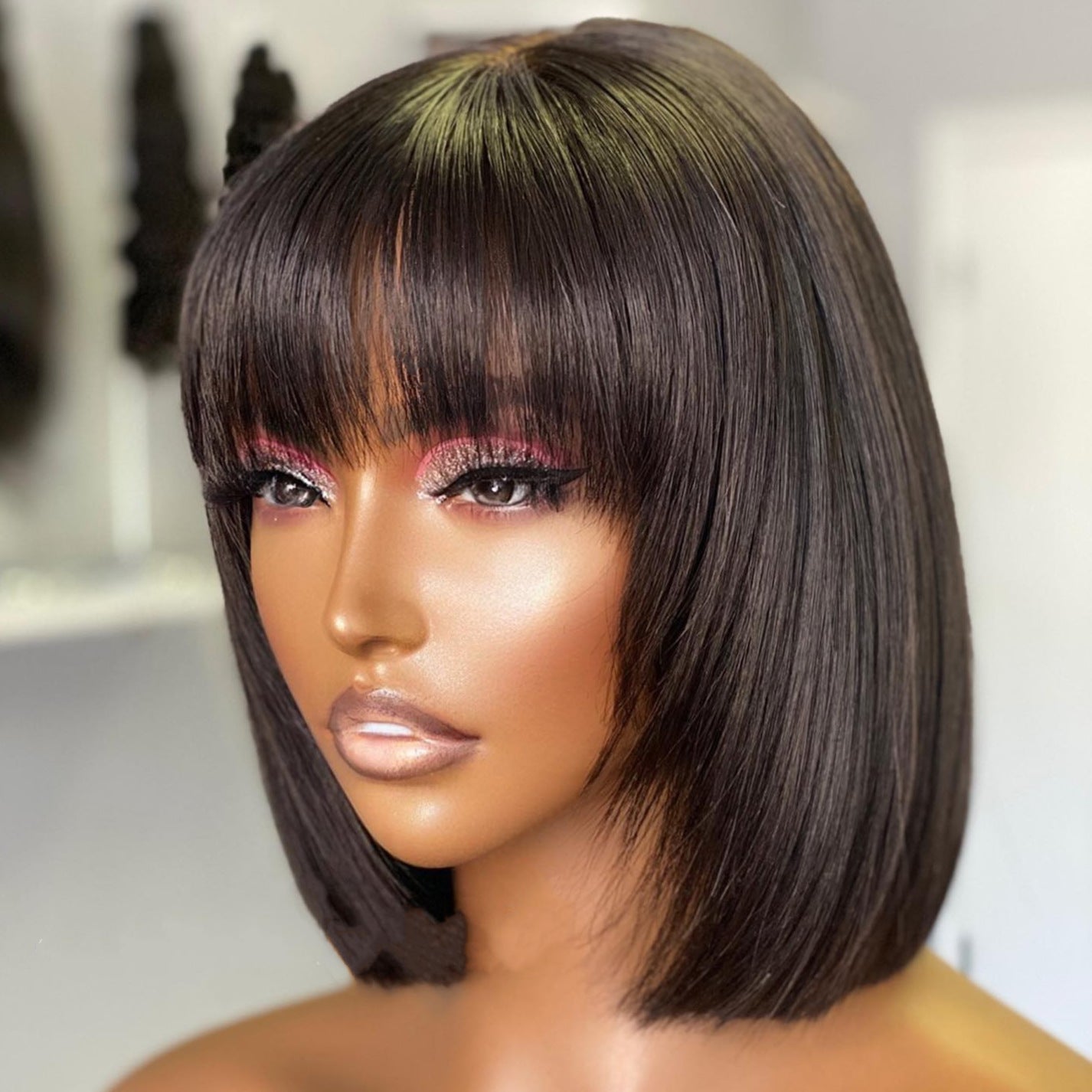 Glueless Straight Fringe Bob Wig – 100% Human Hair Scalp-Top Bob with Bangs | Holiday Glow Collection