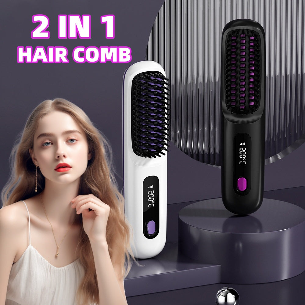 2-in-1 Wireless Hair Straightener Brush – Ionic Cordless Hot Comb with LCD Display | Holiday Glow Collection